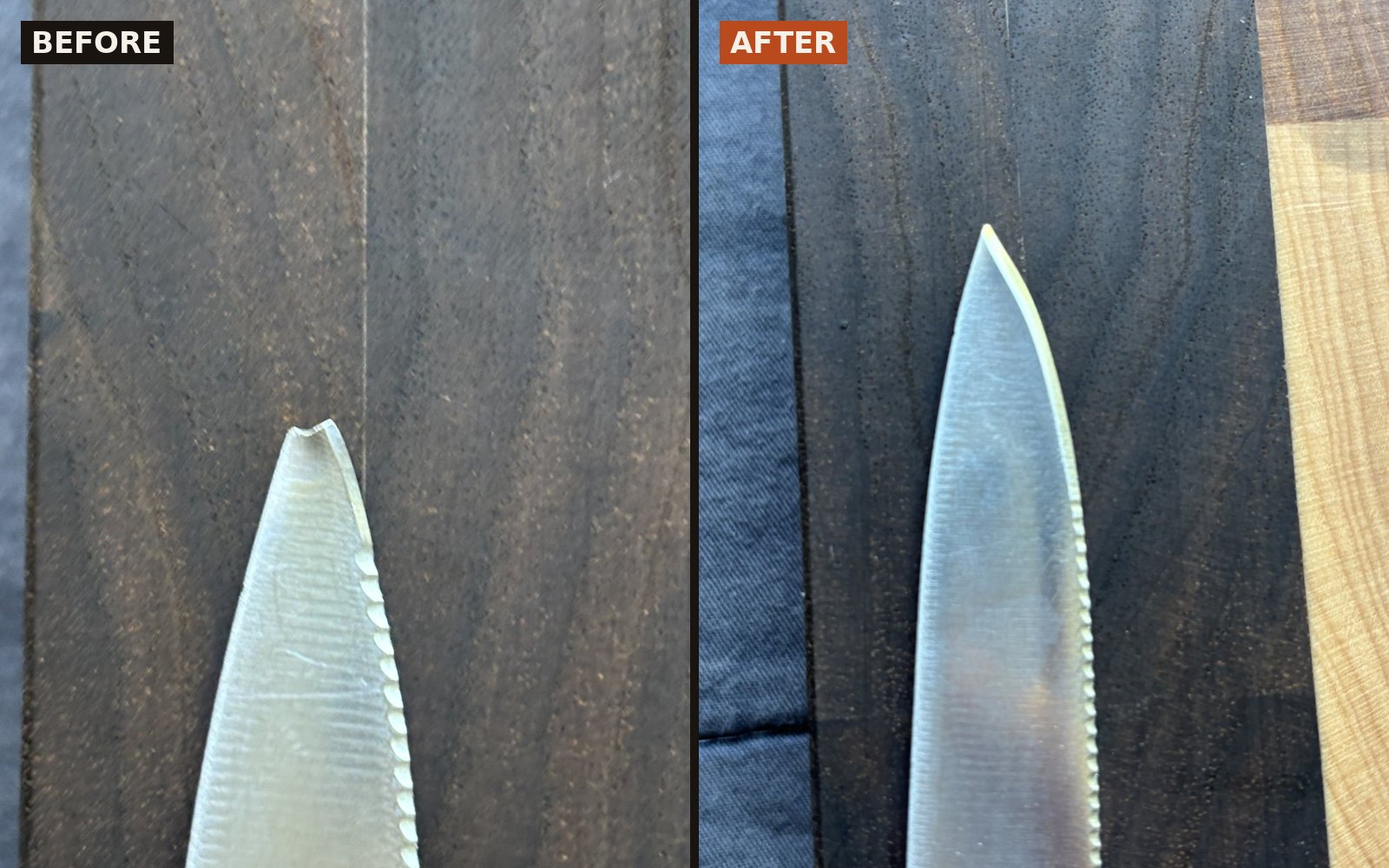 Before and after: a chipped knife tip rebuilt to a clean point